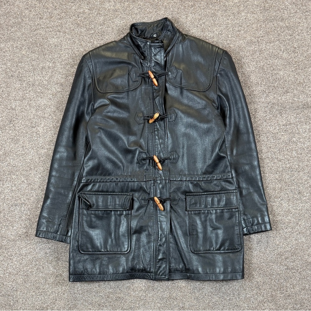 Vintage Black Genuine Leather Duffle Jacket Coat Women’s 40 / M Drawstring Waist
